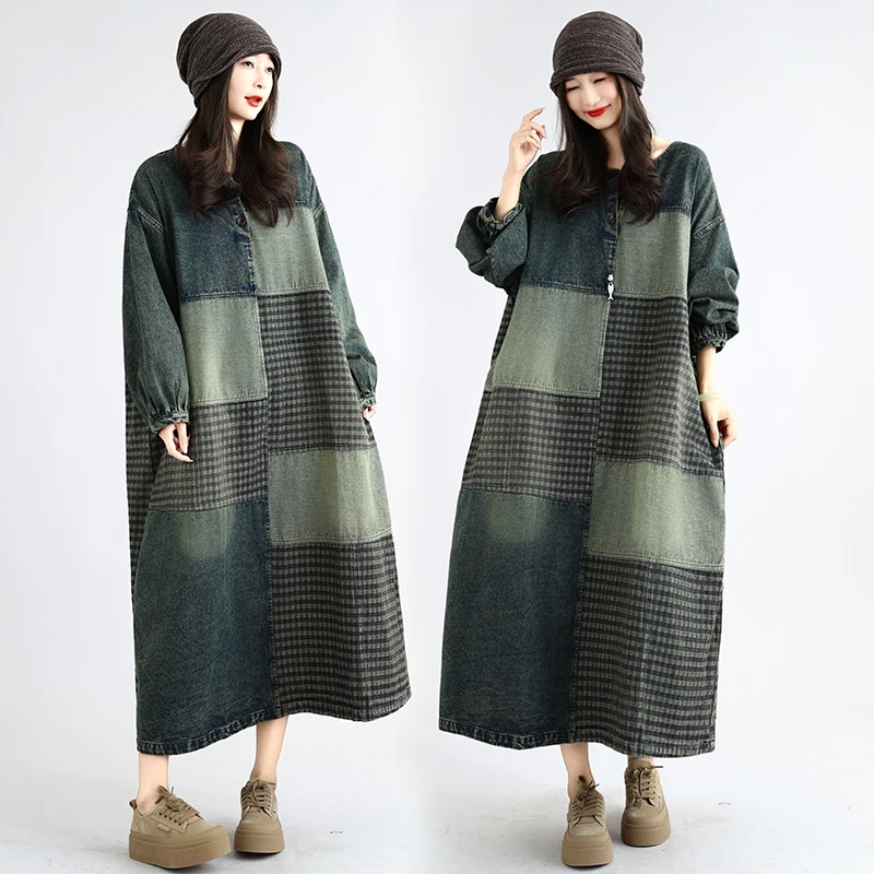 Casual Loose plus Size Patchwork Plaid Denim Slimming Long Sleeve Dress Women's Jeans Cotton Natural Waist Spring Autumn