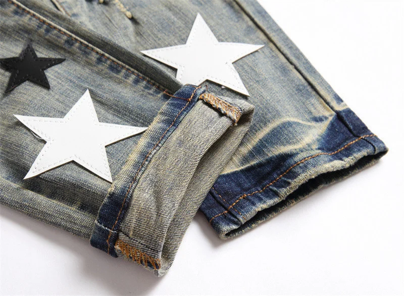 Ripped Jeans Stretch Pencil Pant Streetwear Elastic Hip Hop Star Pattern Jean Hole Patch European Fashion Versatile Men Jean