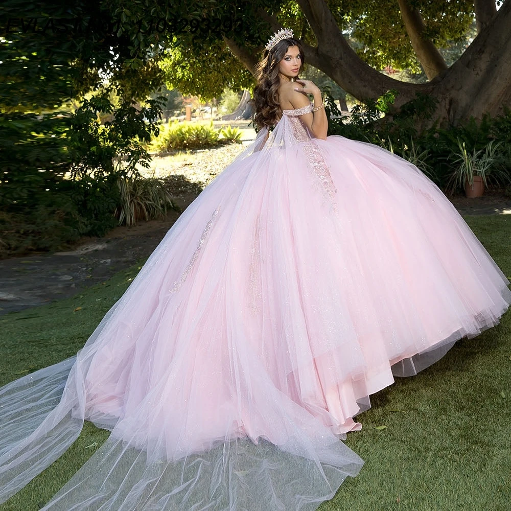 EVLAST Maßgeschneidertes 2022 Rosa Ballkleid Quinceanera Kleid Spitze Applikation Perlen Cape Korsett Sweet 16 Vestidos De 15 Anos E1Q574