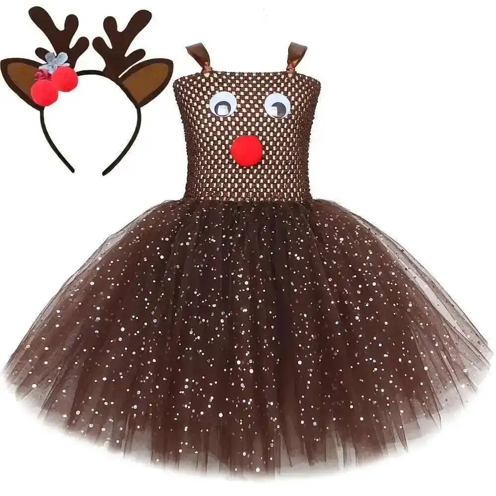 Christmas Reindeer Costume for Girls Xmas Deer Holiday Tutu Dress Kids Sparkly Brown Tulle Fancy Outfit with Antler Headband