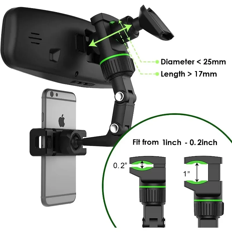 Rearview Mirror Phone Holder 360° Rotatable and Retractable Car Phone Mount Multifunctional Rear View Mirror Holder for All Car