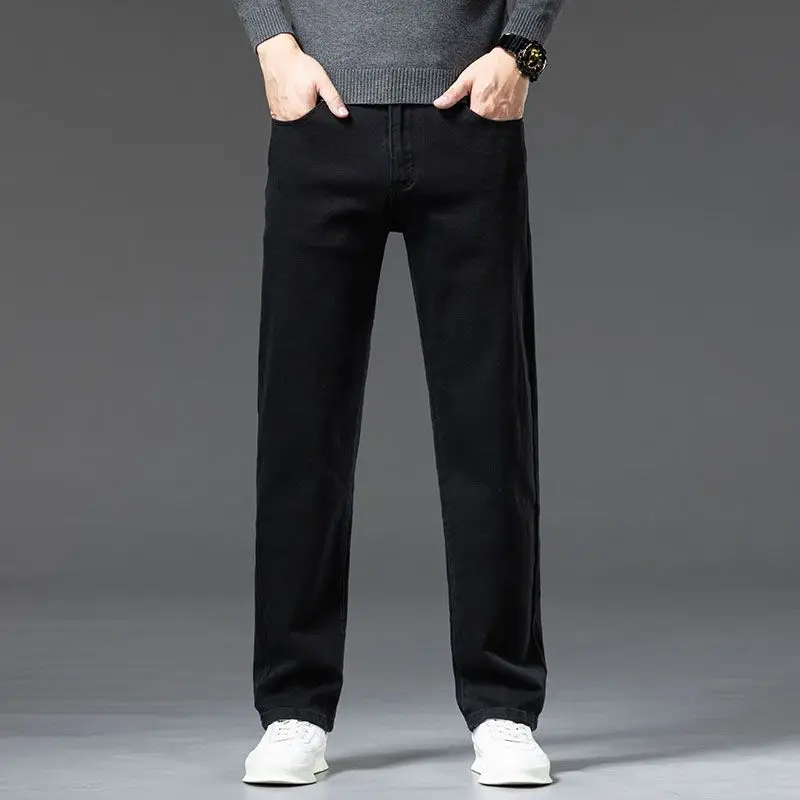 Calças de brim retas soltas masculinas preto high-end juventude casual versátil para outono e inverno 2025 novo