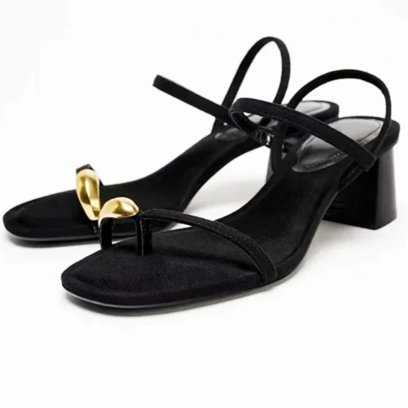 

Fashion Metal Buckle Chunky Sandals Women Summer New Open Toe Ankle Strap Concise Elegant Brand High Heels Ladies Party Shoes