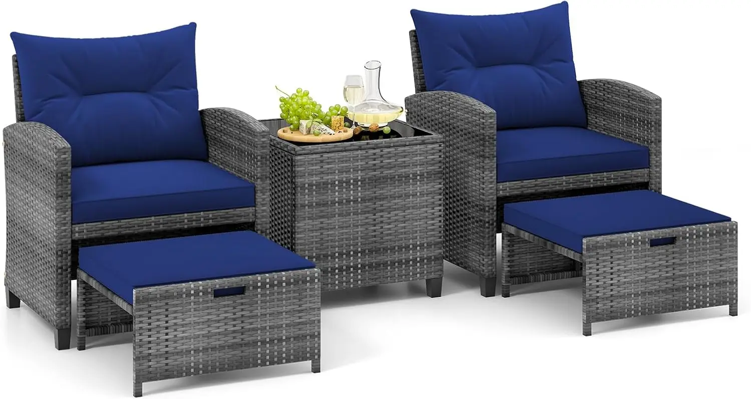 Tangkula 5 Piece Patio Rattan Furniture, Wicker Cushioned Chairs Set w/ 2 Ottomans & Tempered Glass Coffee Table, for Poolside,