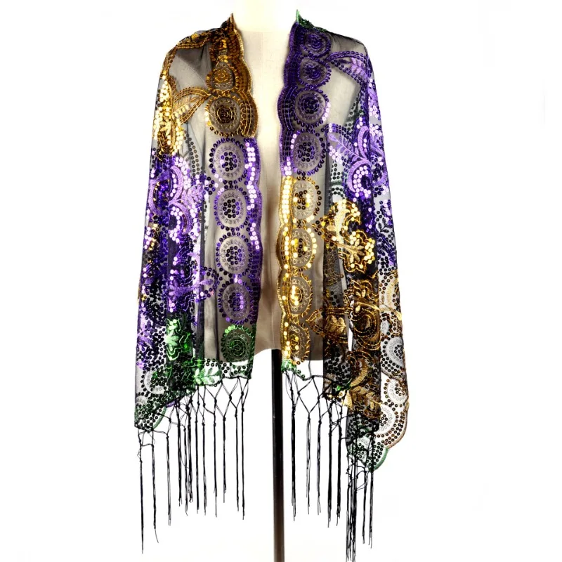 Women Men Scarves Purple Gold Green Sequin Shawl Fashion Apparel Accessories PGG Poncho Mardi Gras Scarf For Carnival Holidays