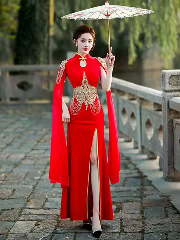 2026 chinese dress women cheongsam ao dai vintage elegant wedding party qipao embroidery cheongsam French style Evening dress