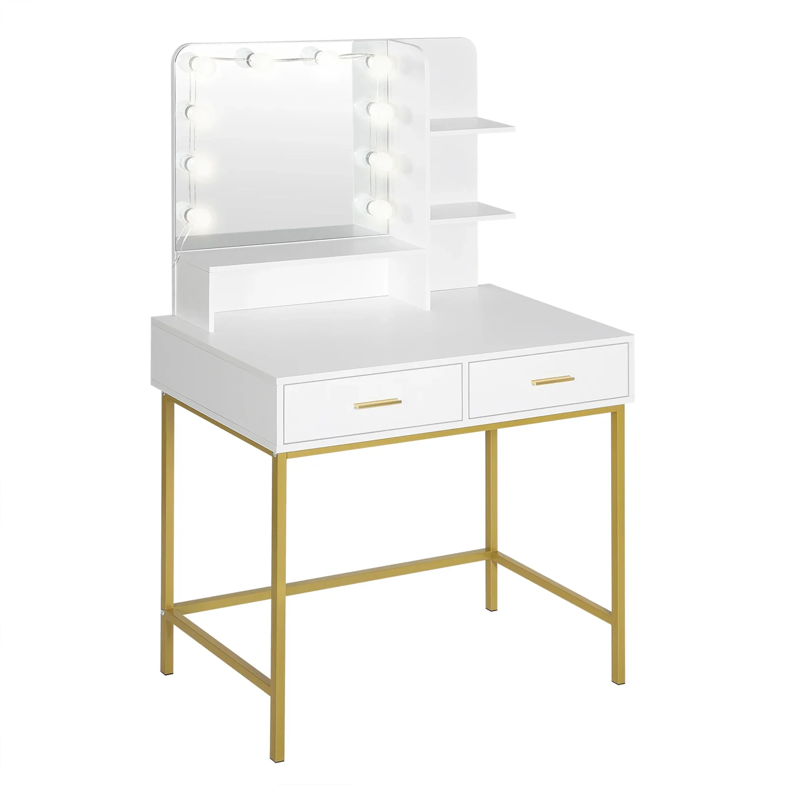 

Vanity Set with 10 LED Bulbs, 3 Storage Shelves 2 Drawers, Dressing Table，Interior Furniture, for Bedroom