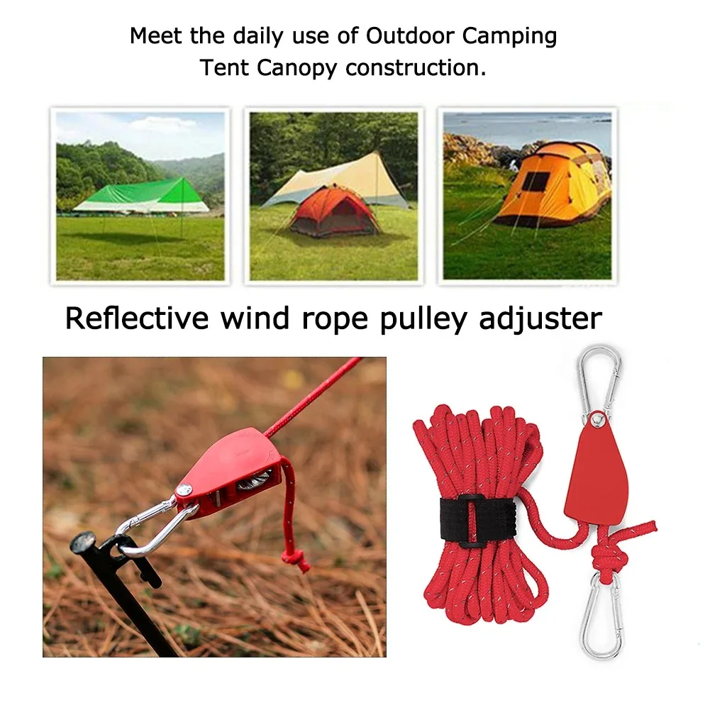 4Pcs 4mm Camping Tent Tie Down Rope Tightener Wind Rope Buckle Pulley Ratchet Outdoor Camping Awning Rope Hook Fastening Tool