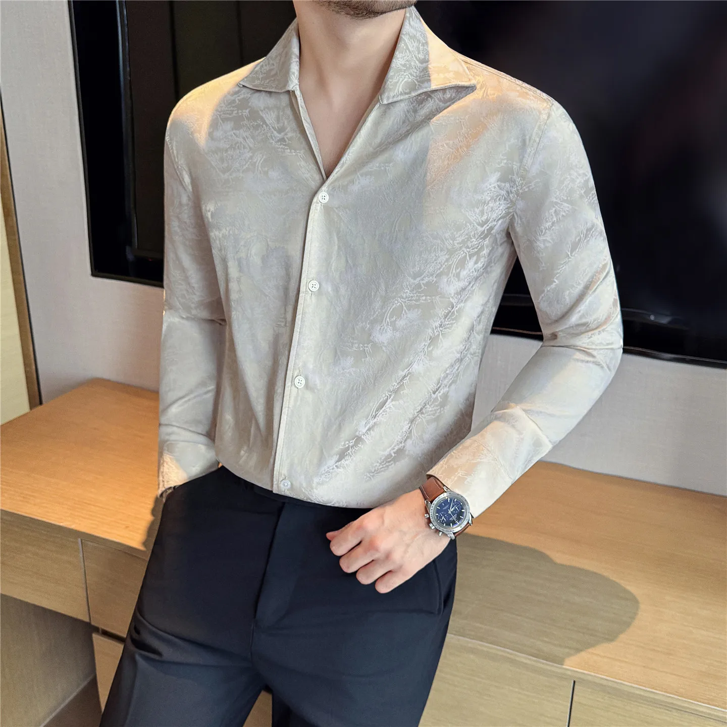2025 Autumn/Winter V-neck Men's 3D Jacquard Long Sleeve Shirt Fashion Casual Business Dress Shirts Social Party  Men's Clothing