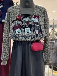 Camisolas curtas de leopardo estampado feminino, outono e inverno, desenhos animados bordados da indústria pesada, blusa de manga comprida, novo, 2024