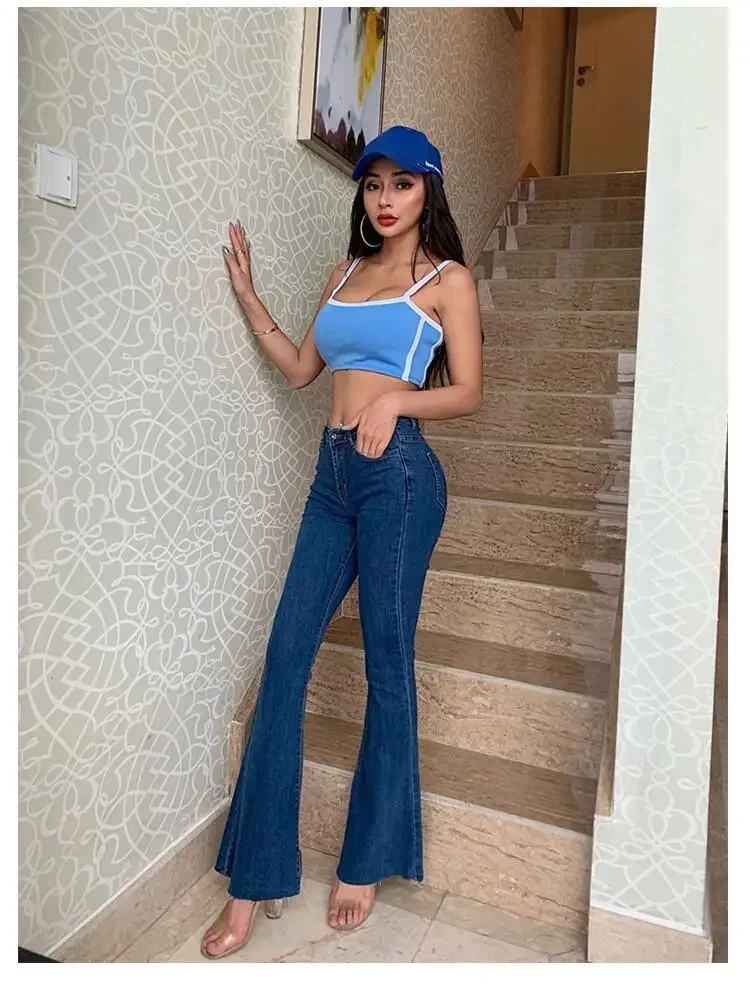 Women Jeans Flare Pant Denim Long Pants Slim Fit Hip Wrap Sexy Straight Trousers Sheath Elegant Splice High Waist Autumn