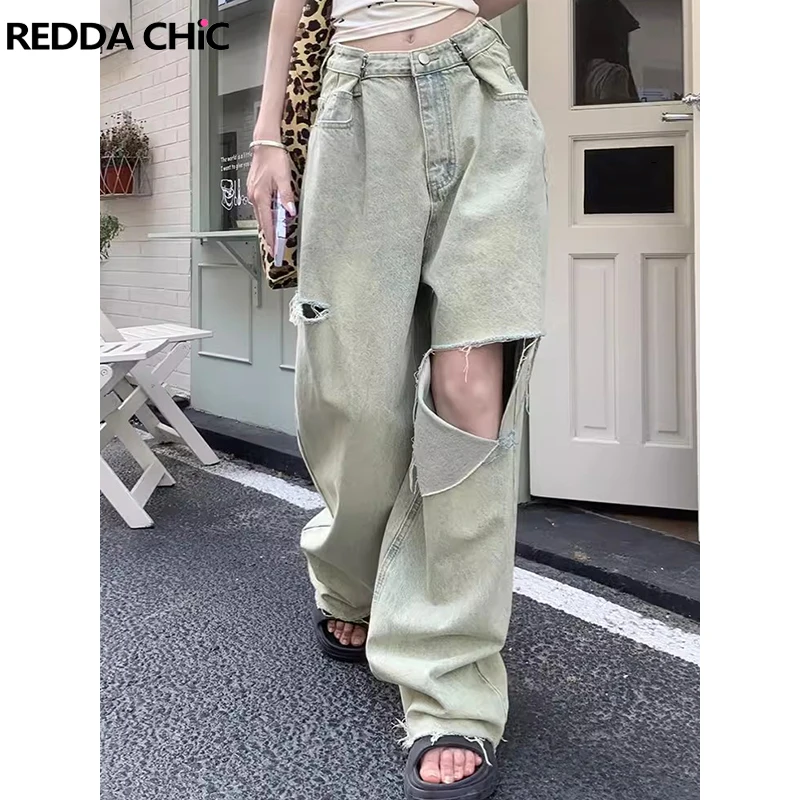 

REDDACHiC Green Wash Adjust-waist Baggy Jeans Women Y2k Destroyed Distressed Raw Hem Wide Leg Pants Boyfriend Vintage Streetwear