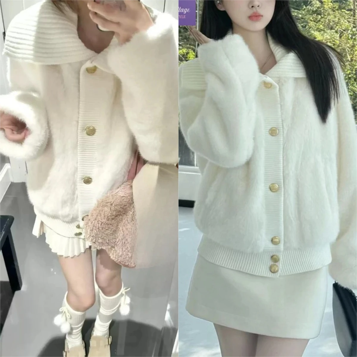 

2000s Women's Casual Sweet Faux Fur Coat Winter Warm Soft White Plush Jacket with Big Lapel Button French Elegant Cozy Outerwear