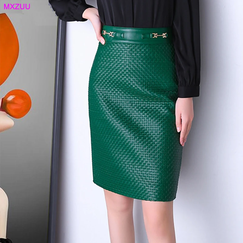 

Luxury Leather Clothing Women Real Sheepskin Woven Craft Green Skirt Ladies High Waist Show Thin Gold Buckle Wrap Hip Saia Midi