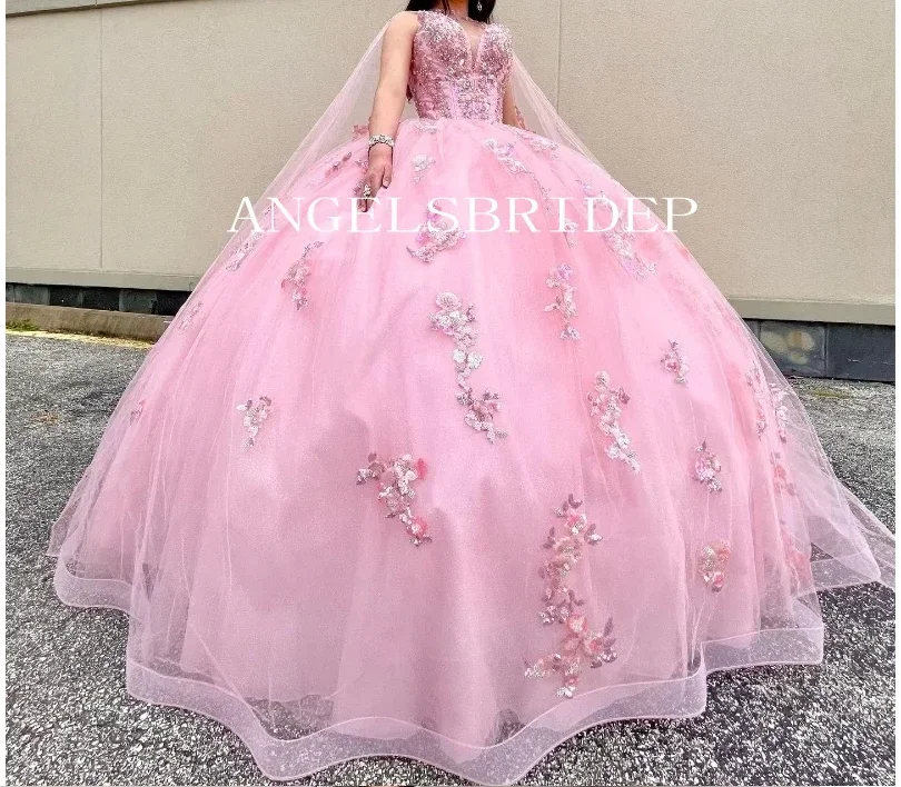 Pink Ruffles Sequin Lace Beading Vestidos De 15 Anos Formal Princess Party Quinceanera Dress Vestidos De 15 Anos Customized