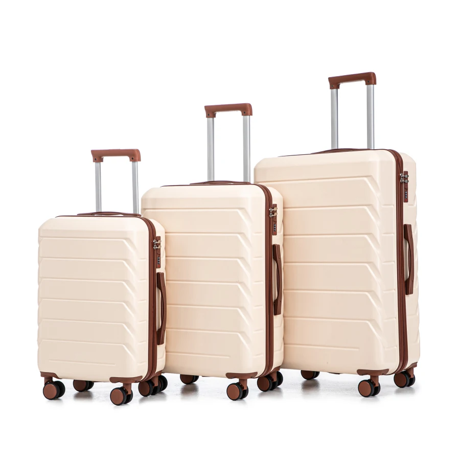 

Tourist luggage set for travel: ABS material, beige color, spinner wheels, combination lock, 20/24/28 inches, matching colors