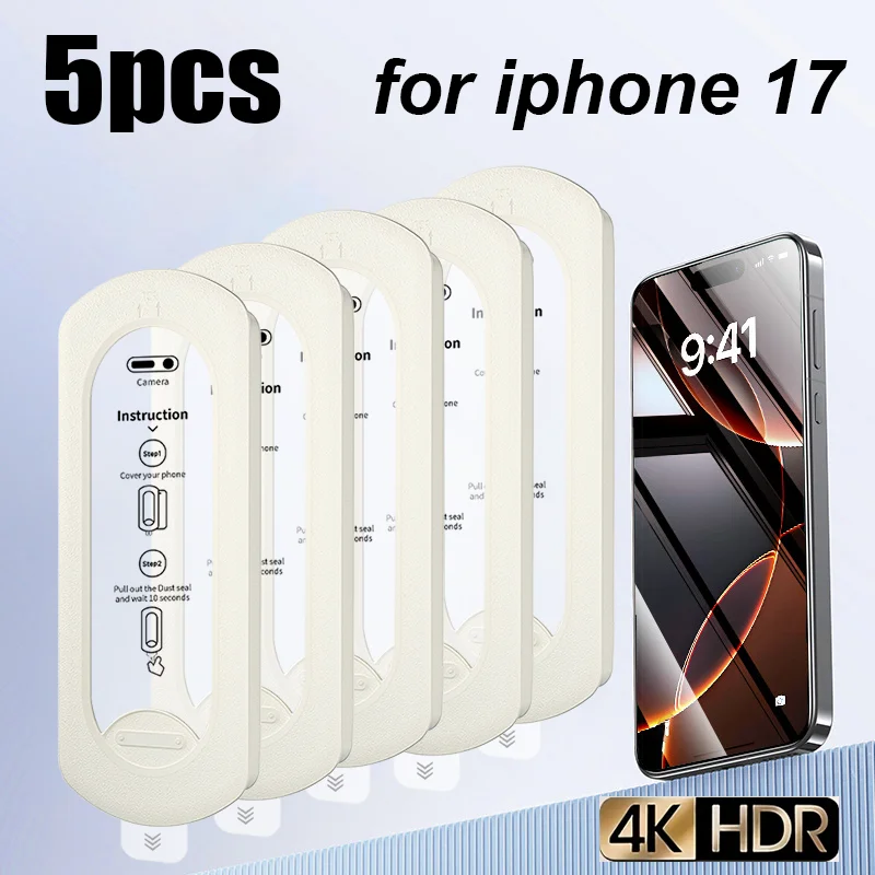 5pcs For iPhone 17PROMAX Screen Protector 17air 17PRO 17 16 15 14 13 Full Coverage Easy Installation Tempered Glass