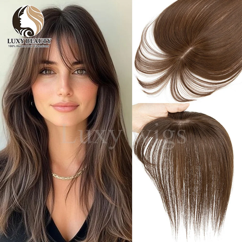 

5x9cm Brown Human Hair Topper With Bangs Women Natural Black Highlights Blonde Skin Scalp Clip in Topper Hair Pieces Human Hair