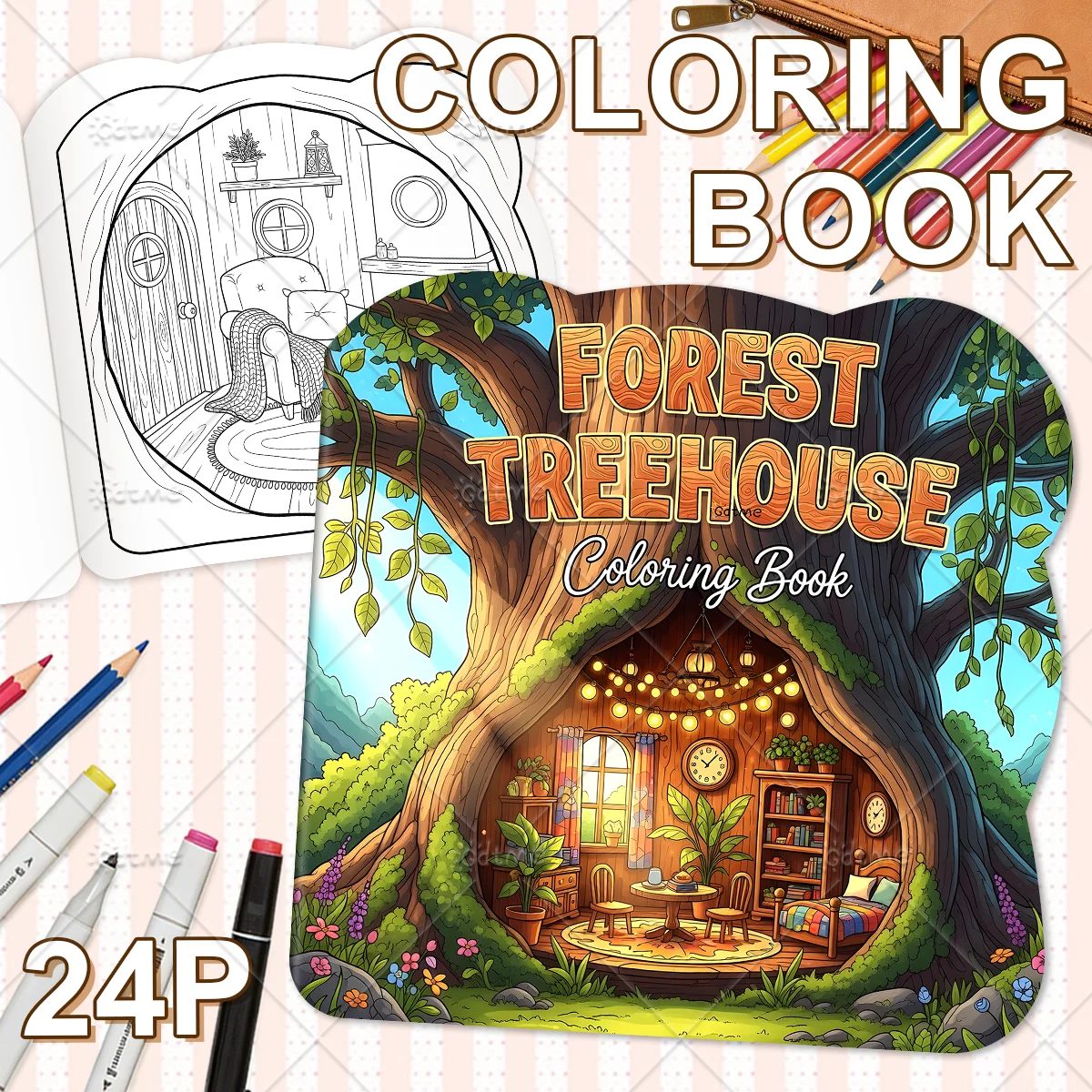 FOREST TREEHOUSE Coloring Book for Adult Cute Cozy Daily Activities Irregular Patterns for Relaxation (Cozy Spaces Coloring