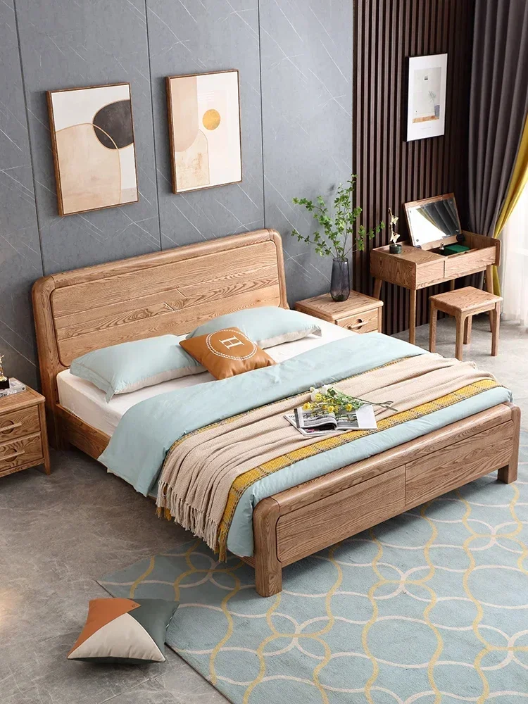 White wax wood full solid wood bed, modern and simple, 1.5 meters, single person, 1.8 meters, 2m, silent, double bedroom,