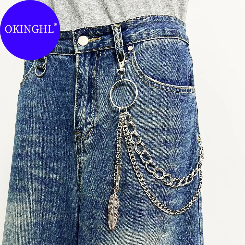 Unisex Punk Hip-Hop Feather Element Pants Chain Fashionable Jeans Multi-Functional Clothing Waist Decoration Belt