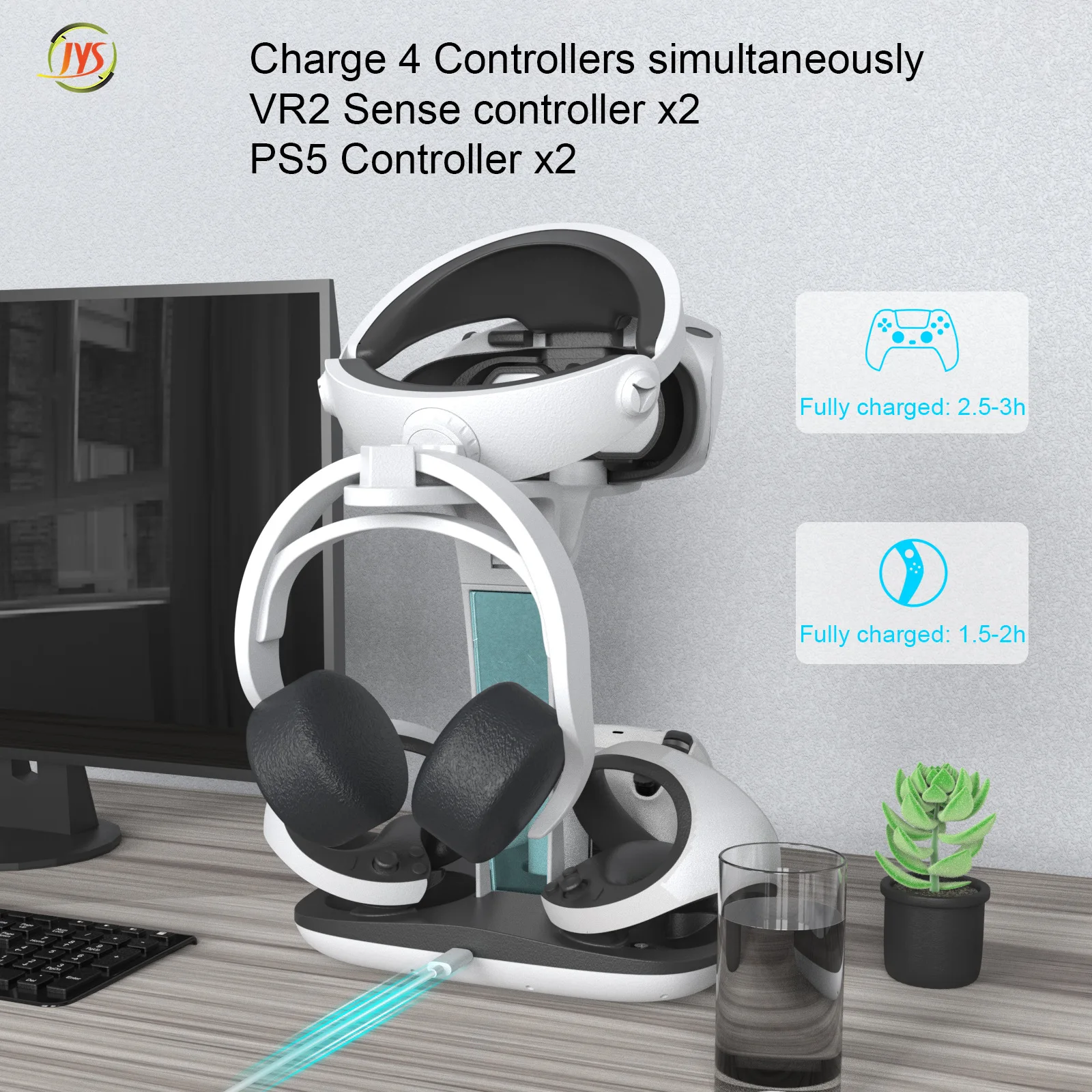 ใหม่ JYS-P5156 สําหรับ PS5 VR2 controller พัดลมระบายความร้อน LED ตัวบ่งชี้การชาร์จความรู้สึก RGB แสงพร้อมขาตั้งหูฟังผู้ถือ