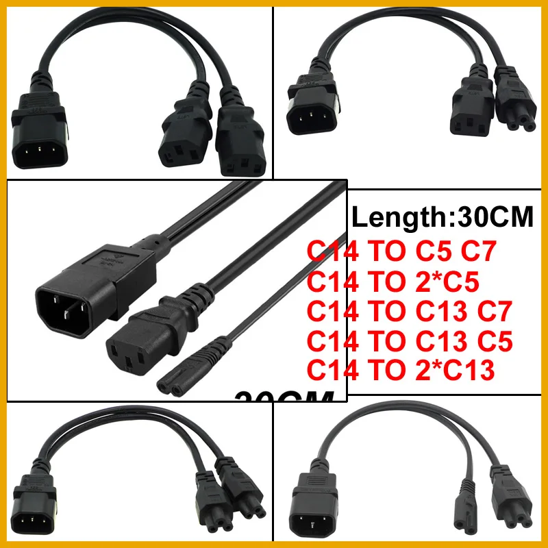 NEW 2026 30CM 110V-250V 10A IEC320 C14 TO C13 C5 C7 Y Splitter AC Power Cable Cord For PC Monitor Scanner Printer Adapter