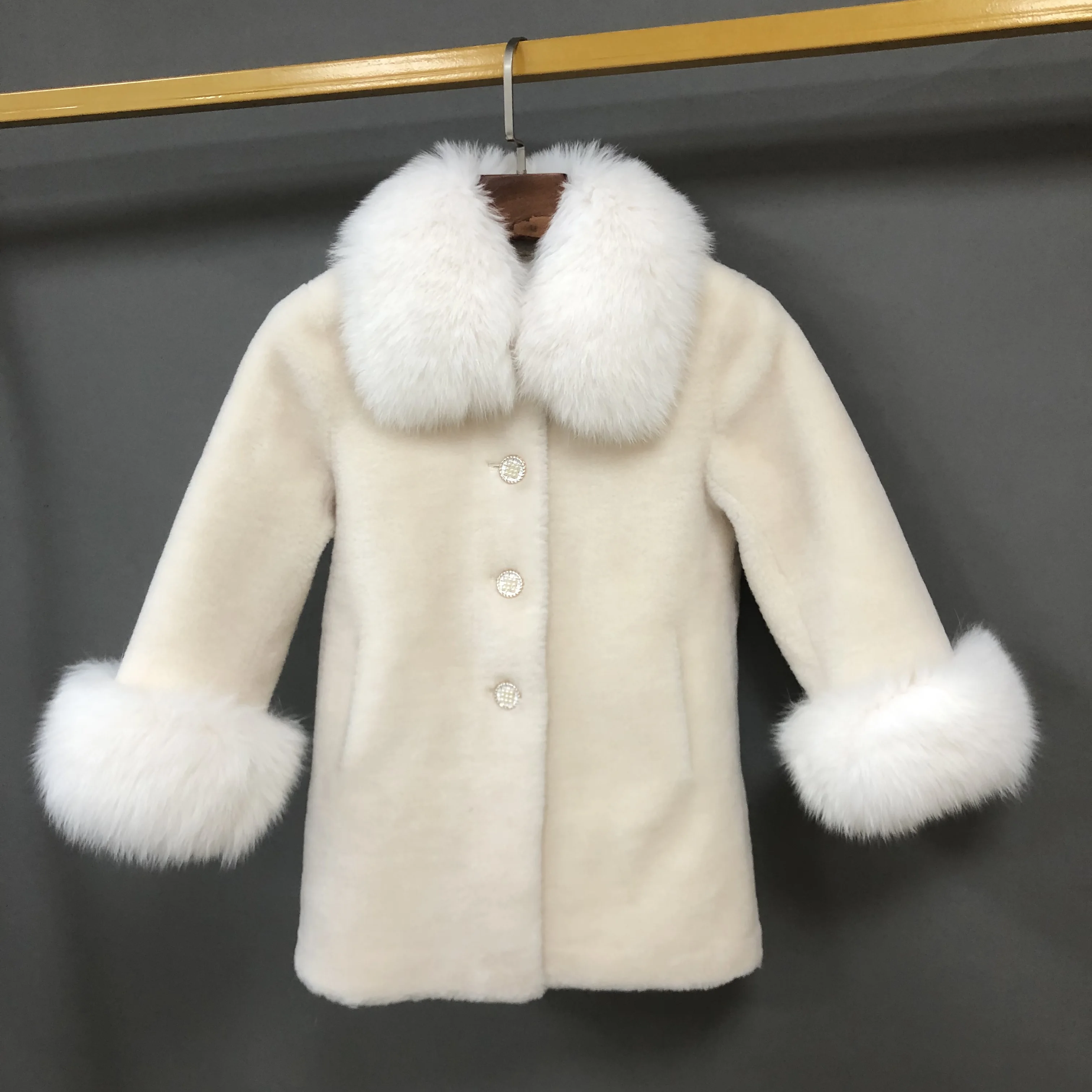 Winter Kids Shearling Fur Jacket Warm Children Sheep Wool Coat Girl Luxury Real Fox Fur Collar