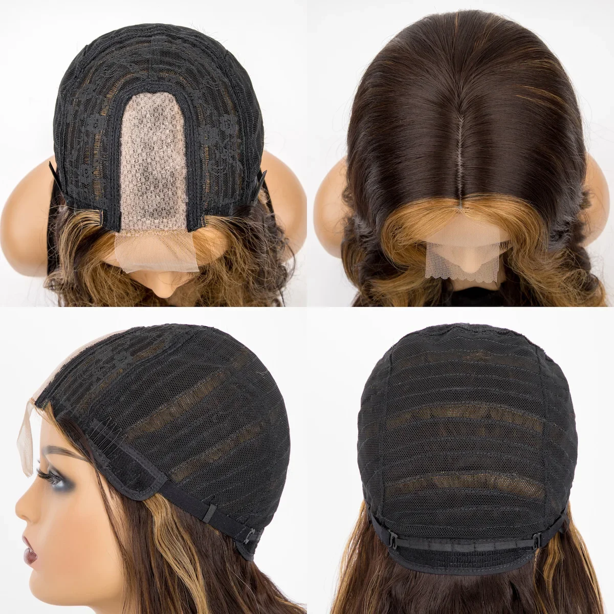 Perruques synthétiques longues ondulées pour femmes, brun clair, blond miel, ombré noir, partie en T profonde, dentelle frontale 4 bronches, degré de chaleur