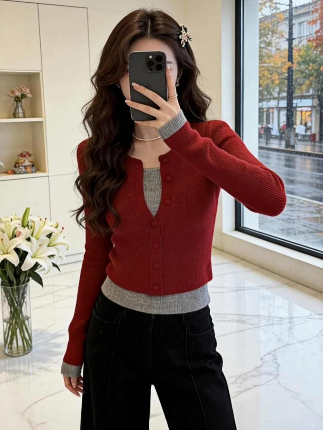 

Красный вязаный свитер с эффектом двухслойности, зима 2025, новинка, цветной блок, базовый топ, корейская версия, для повседневной носки