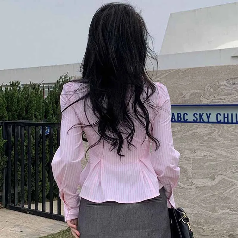 Lucyever Korean Pink Striped Shirts Women Y2K Streetwear Folds Tunic Crop Tops Ladies Fashion Simple Long Sleeve Slim Blouses