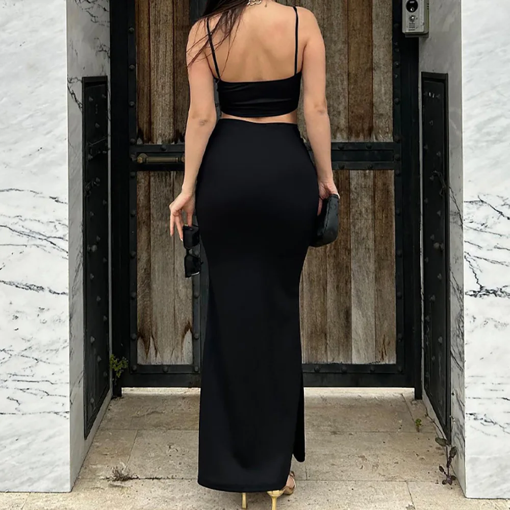 

Sexy Pure Color Wrap Chest Long Skirt Set Cross-Border Faionable Strap Design Bodycon Dr Casual Sportswear for Women