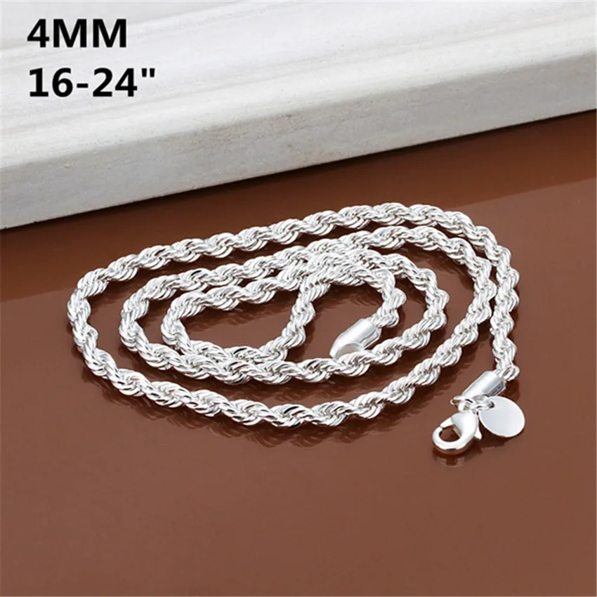 Collares de Plata de Ley 925 al por Mayor de 40-60 cm, Cadena de Cuerda de 4 mm, Joyería de Moda para Hombre y Mujer, Regalos de Navidad