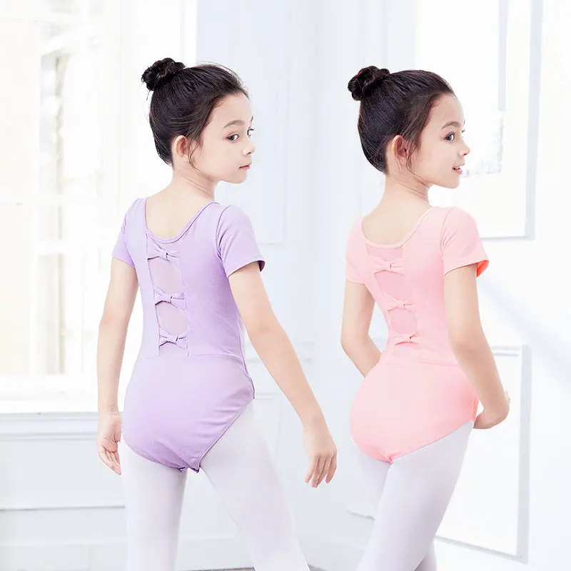 Girls Ballet Leotards Bowknot Dance Leotard Cotton Short Sleeves Mesh Splice Gymnastic Dance Bodysuit Kids Dancewear Costumes