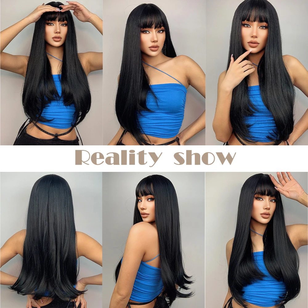 GEMMA Cosplay Long Straight Black Synthetic Wigs with Bangs for Women African American Lolita Daily Party Heat Resistant Fibre