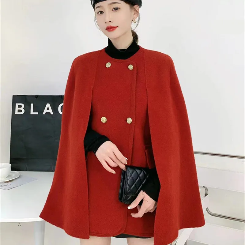 SuperAen 2023 Autumn/Winter New Knitted Woolen Cloak Women Hepburn Fashion Round Neck Thickened Sweater Cloak