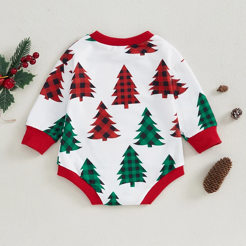 Baby Christmas Bubble Romper Christmas Tree Plaid Print Long Sleeve Crew Neck Sweatshirt Jumpsuit Xmas Baby Bodysuits Clothes