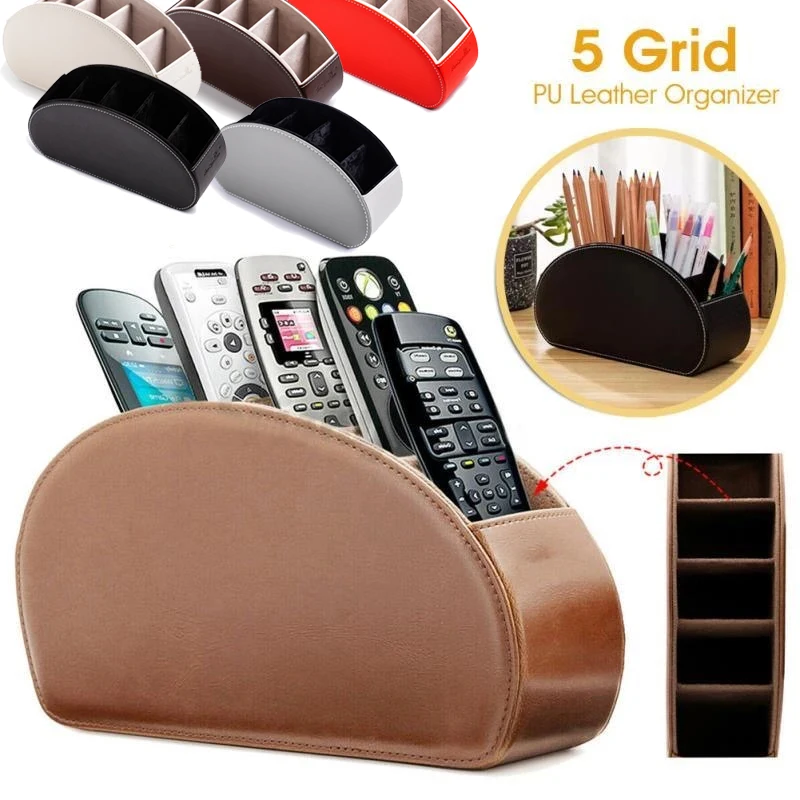 

5 Grid Luxurious Pu Leather Organizer Remote Control Phone And TV Holder Desk Storage Box Cosmetics Brush Home Storage Holder