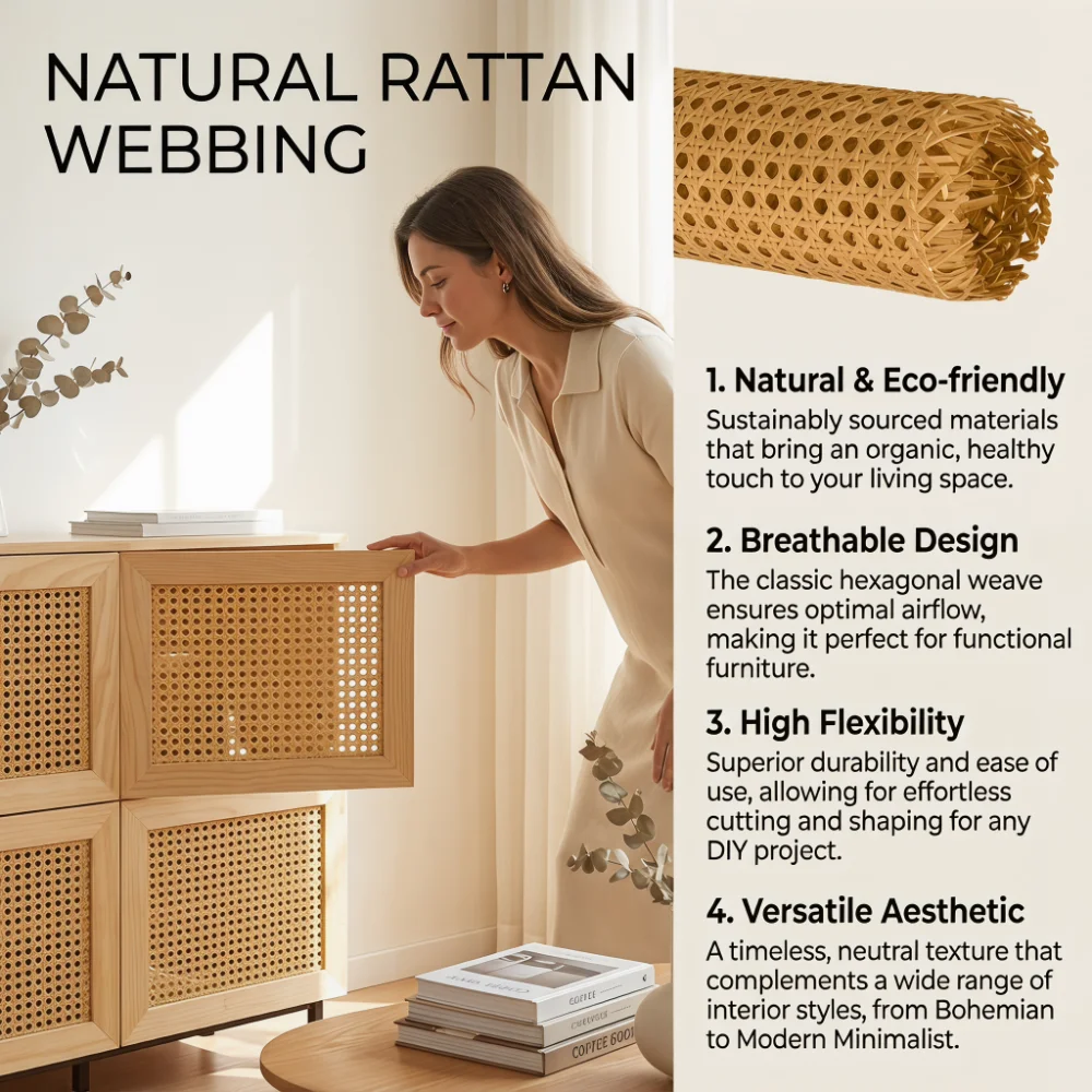 Handwoven Poly Rattan Webbing Roll, Cane Mesh Weave Hexagonal Pattern, Rattan for DIY Chair Cabinet Bed Home Decor Projects