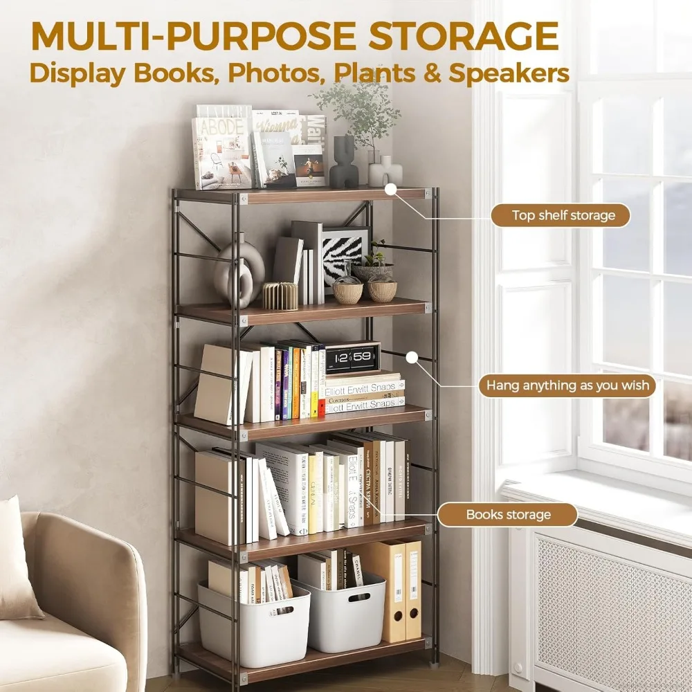Промышленная 5-уровневая книжная полка, современный металл и дерево, прочный стеллаж для хранения офиса, гостиной, спальни и кабинета, открытый S