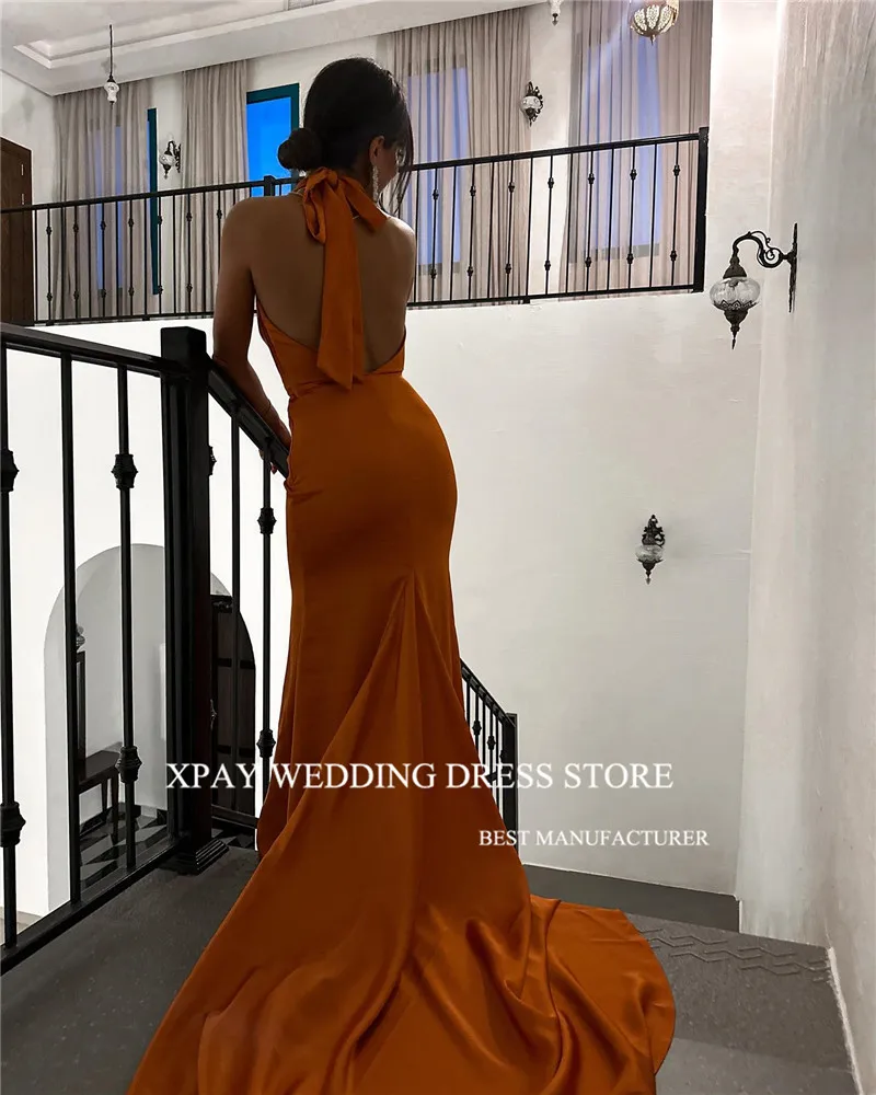 XPAY Simple Burnt Orange Mermaid Evening Dresses Saudi Arabic Women Halter Backless Long Silk Prom Gowns Formal Party Sexy