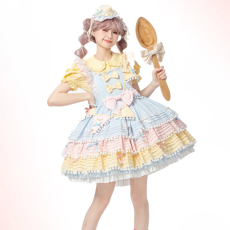 Nonsar lolita querida vestido de bolo colorido feminino doce arco bola de pele borla guarnição três camadas estilo jsk princesa vestidos de festa