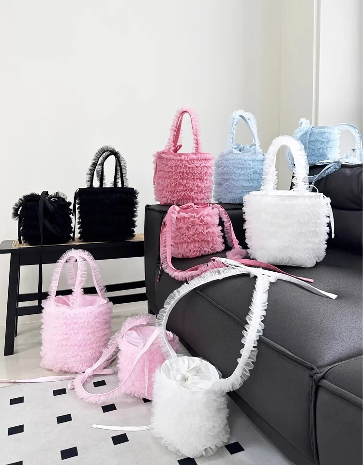 

Japanese sweet cake skirt shoulder bags Lolita sweet solid color mesh bucket bag women's handbag sweet fairy messenger bags