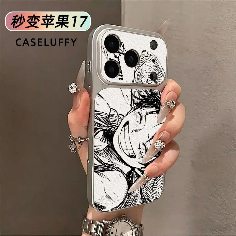 Cute One Piece Luffy Laughing Line Drawing Large View Window Leather Grain Phone Case For iPhone 13 14 15 16 17 18 Pro Max Cover