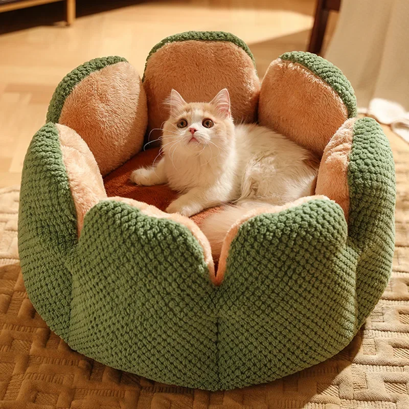 Petal-Shaped Cat Bed Round Pet Plush Kennel Winter Warm Kittens Goods Fluffy Cat Bed Basket Pet Dog Cushion Puppy House Supplies