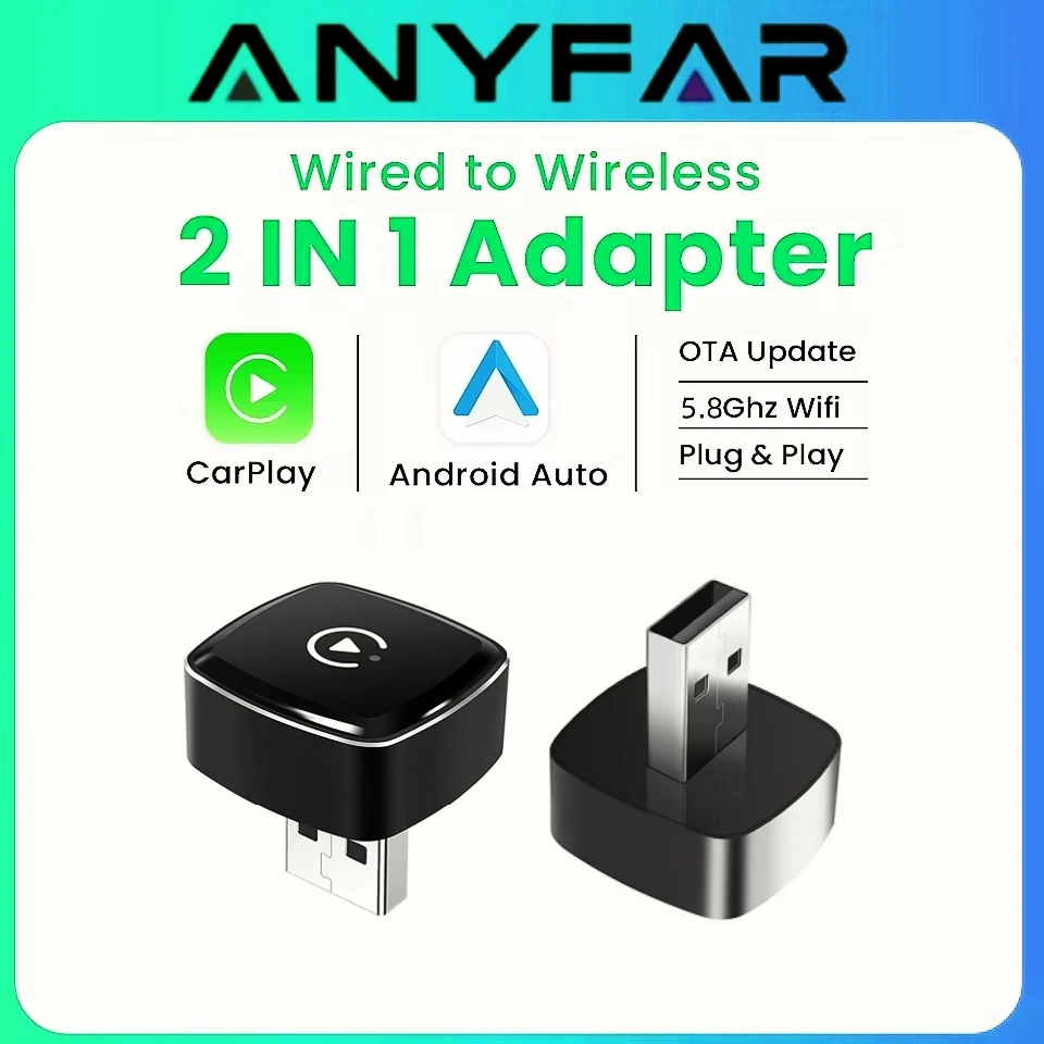 2026 Anyfar 2 in 1 Wireless CarPlay Adapter&Android Auto Wireless Adapter 5Ghz WiFi USB Plug Play CarPlay Wireless
