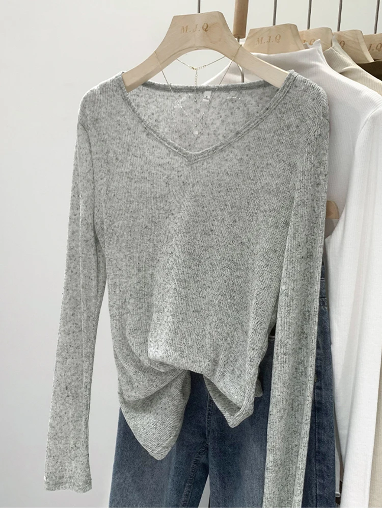 Long Sleeve T-shirt Women V Neck Sexy Slim Korean Thin Tshirts Spring Autumn Black White Tops Basic T Shirt Woman Ladies Clothes