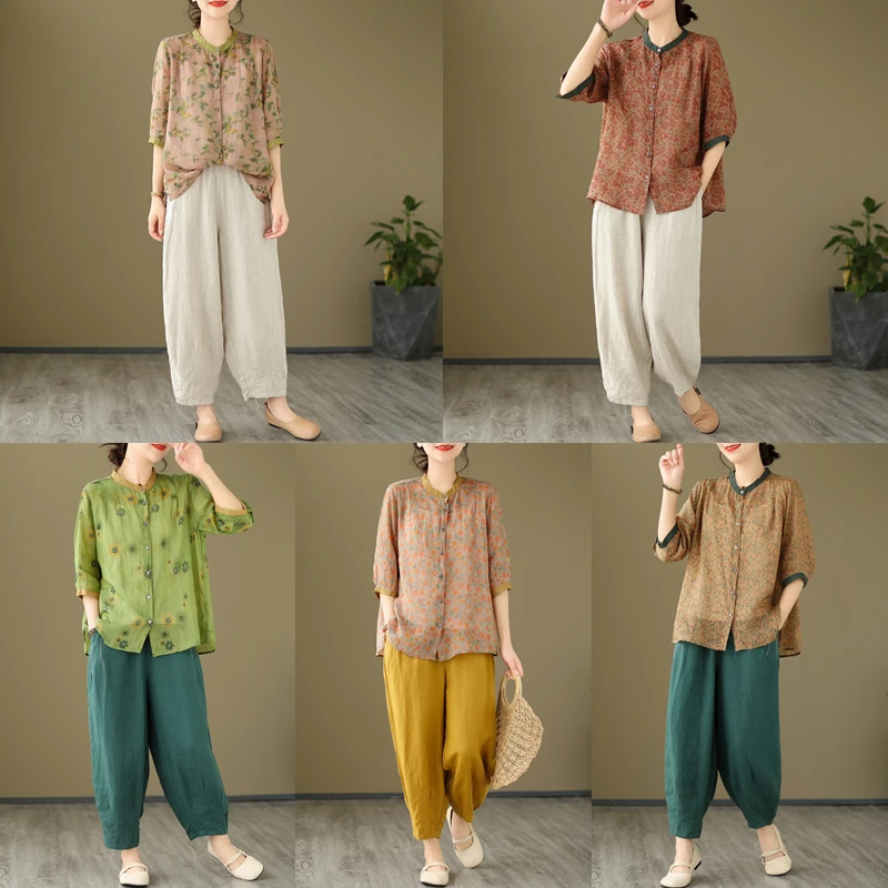 

Korean Style plus Size Women's Retro Print Blouse And Casual Pants Two Piece Set Comfortable Breathable Short Sleeve Shirt