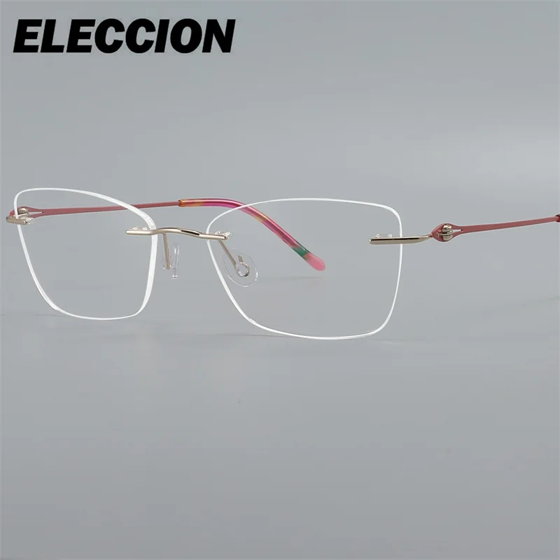 ELECCION Cat Eye Rimless Glasses Frame for Optical Prescription Lenses Women Fashion Ultra Light Titanium Gafas for Lady