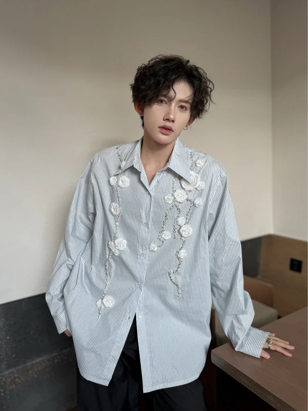 

New Chinese Sle Men's Diamond Chain irt Long Sve Rose Flower Design Loose Fit Spring Autumn Casual Faion Clothing